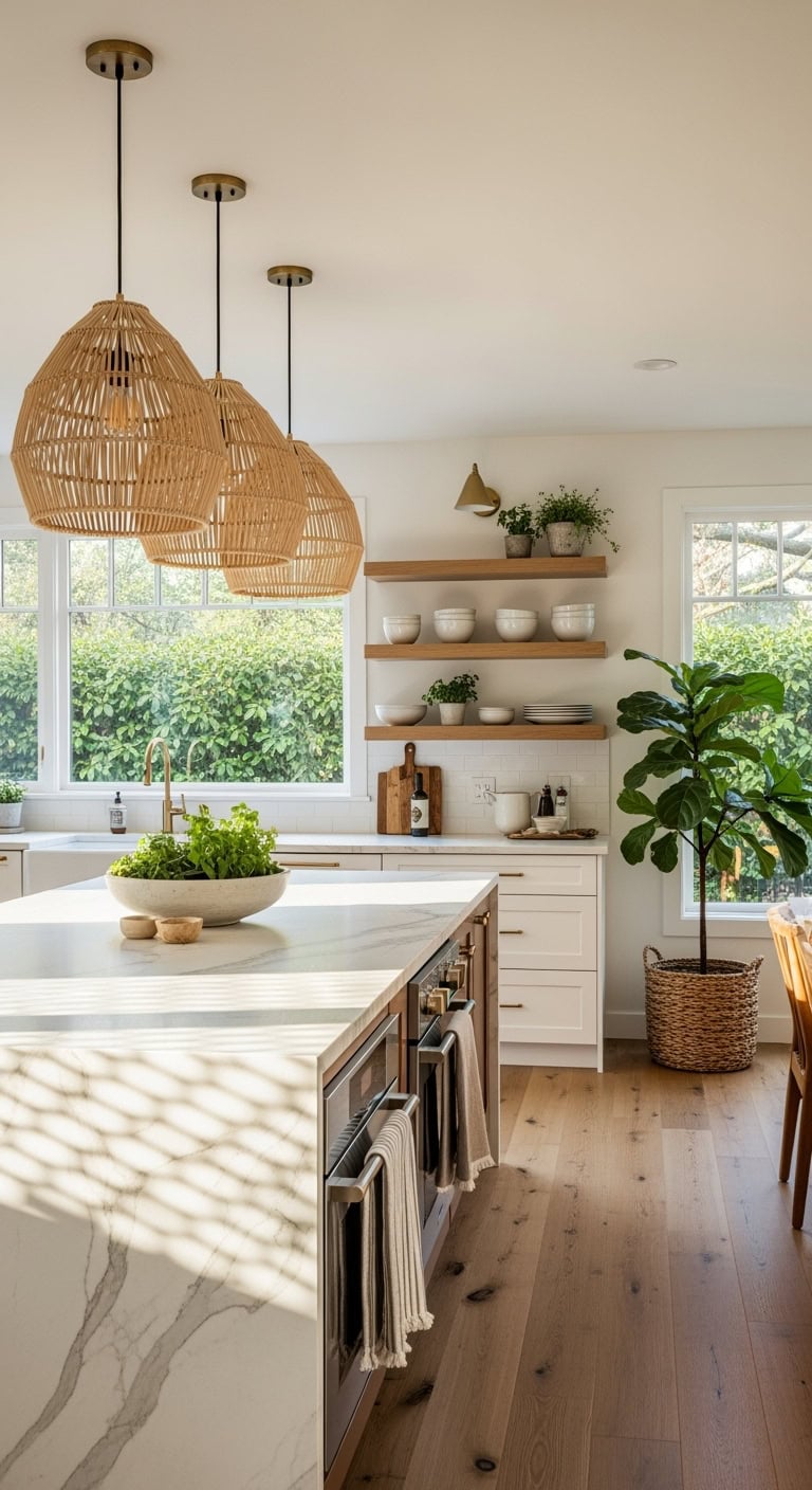 warm textured asymmetrical multipendant kitchen lighting