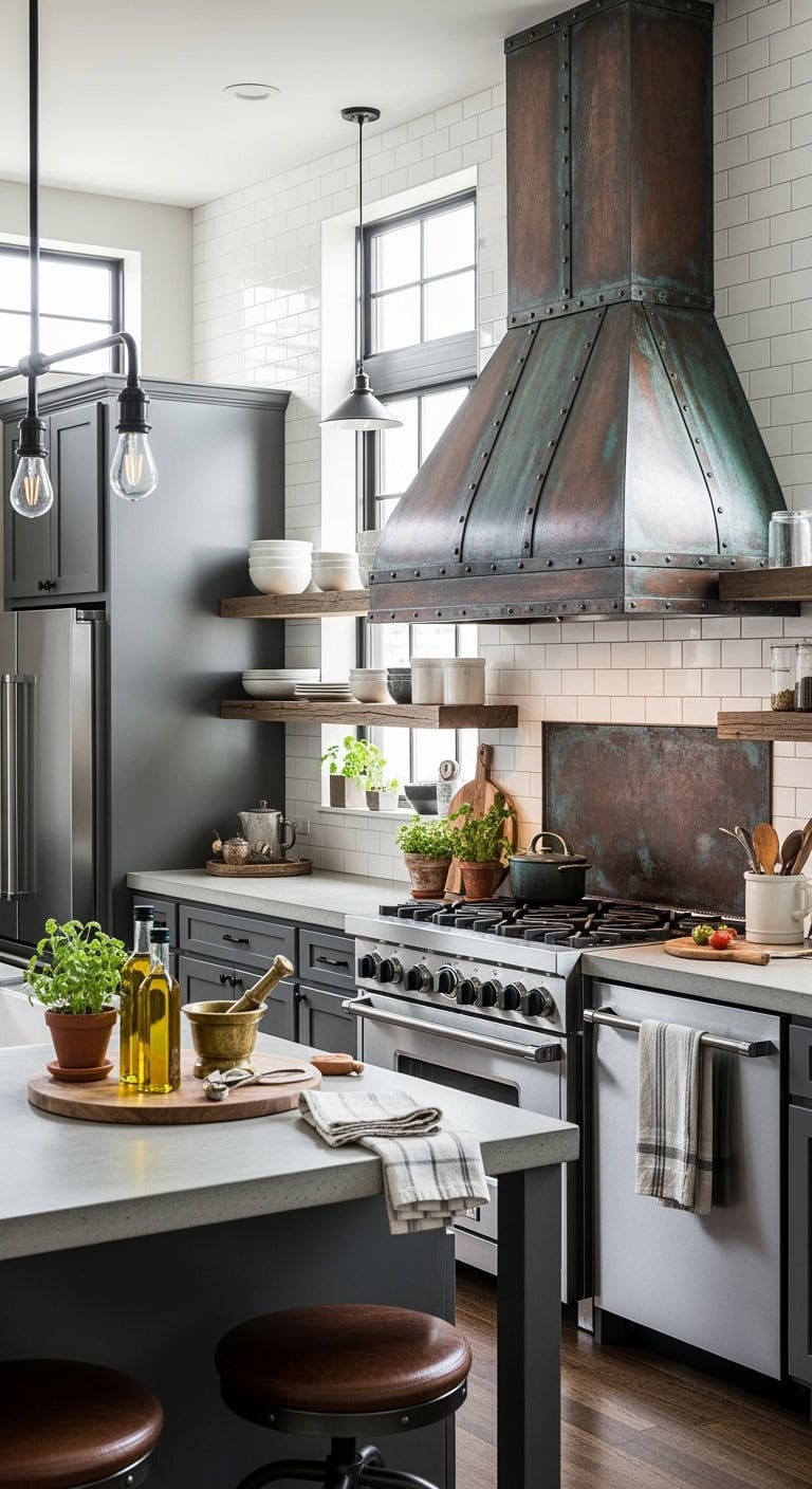 weathered industrial range hood captivates kitchen