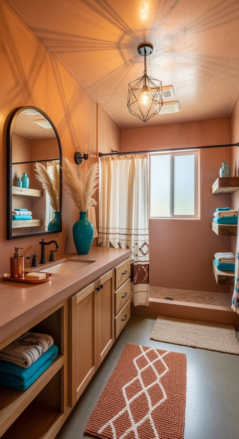 adobe brown bathroom with turquoise