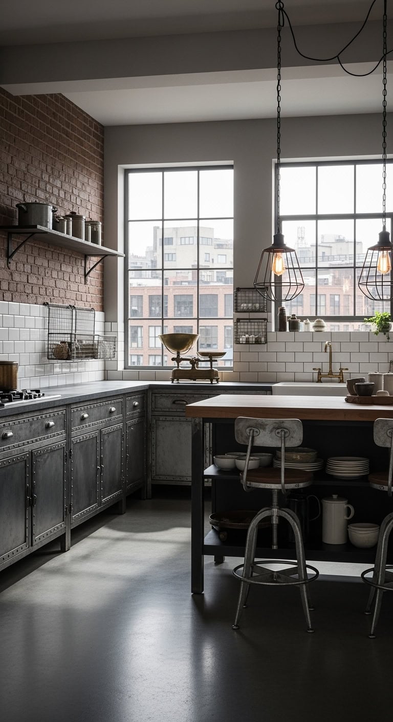 aged industrial grey metal cabinetry