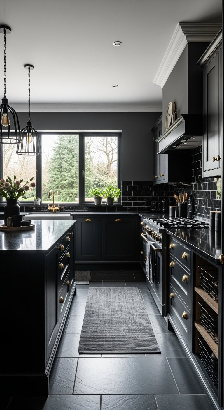 all black kitchen textural layering