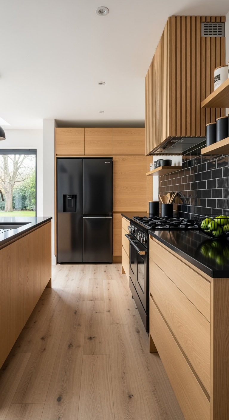 all black kitchen with oak