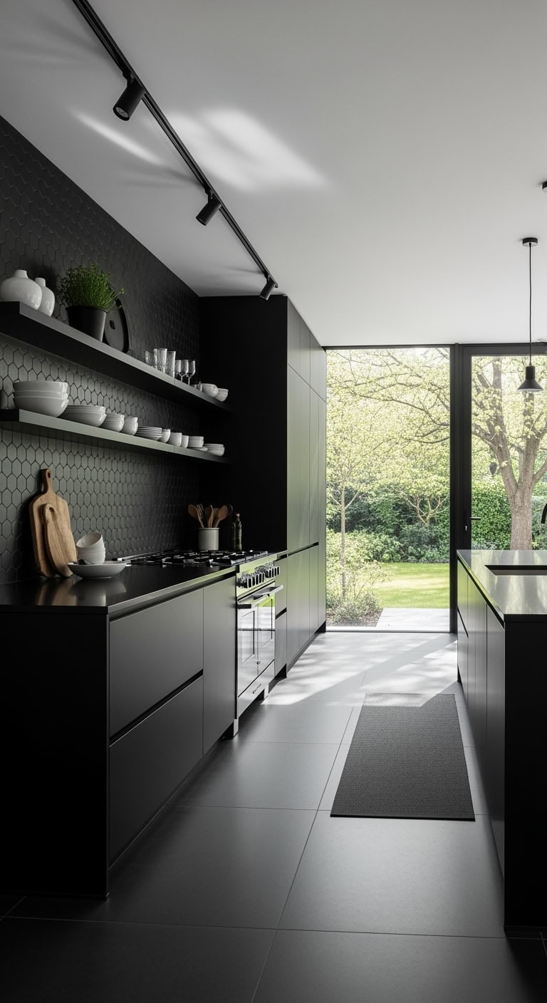 all matte monochromatic black kitchen