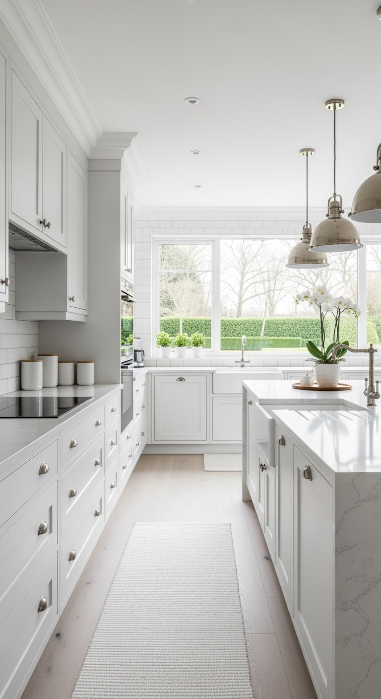 all white textured quartz kitchen