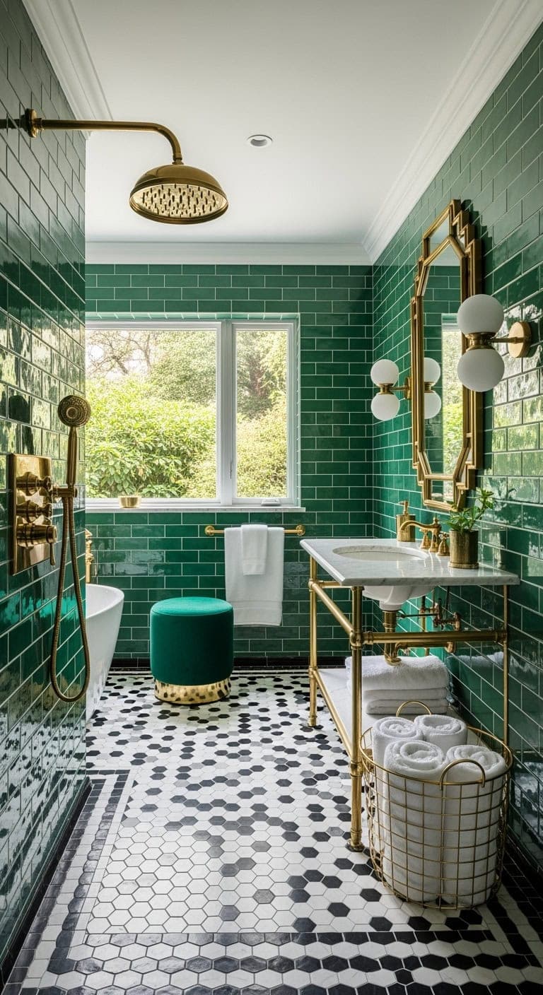 art deco emerald brass bathroom