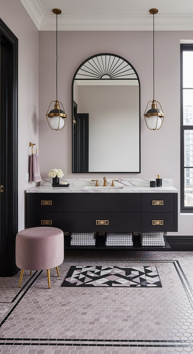 art deco mauve bathroom