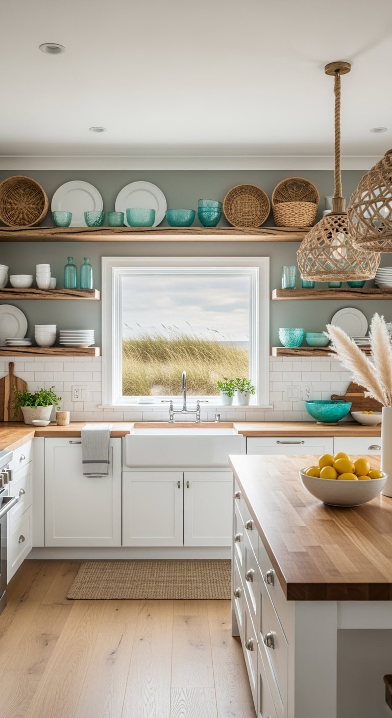 beachy open shelving display