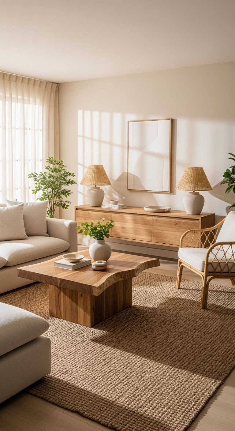 beige and wood cozy livingroom
