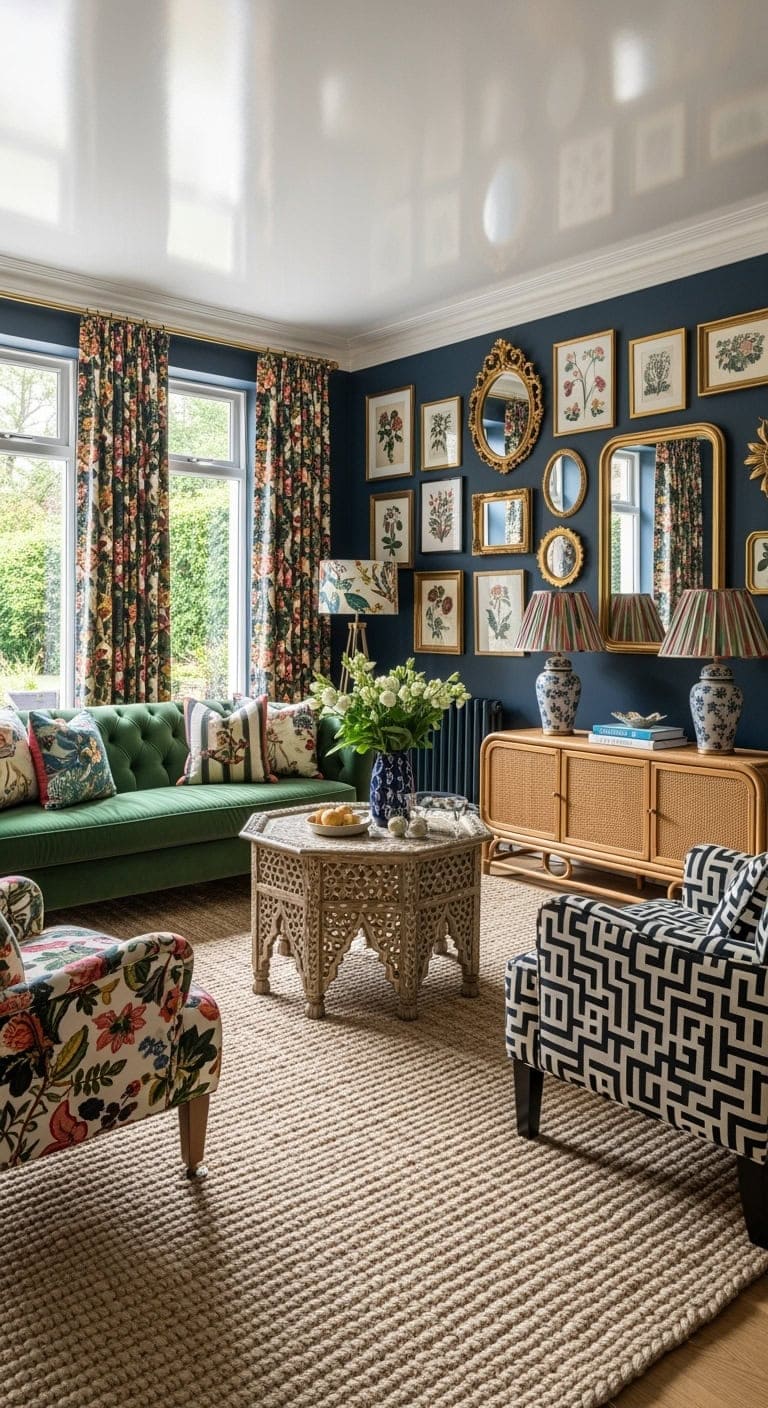 beige backed maximalist patterned living