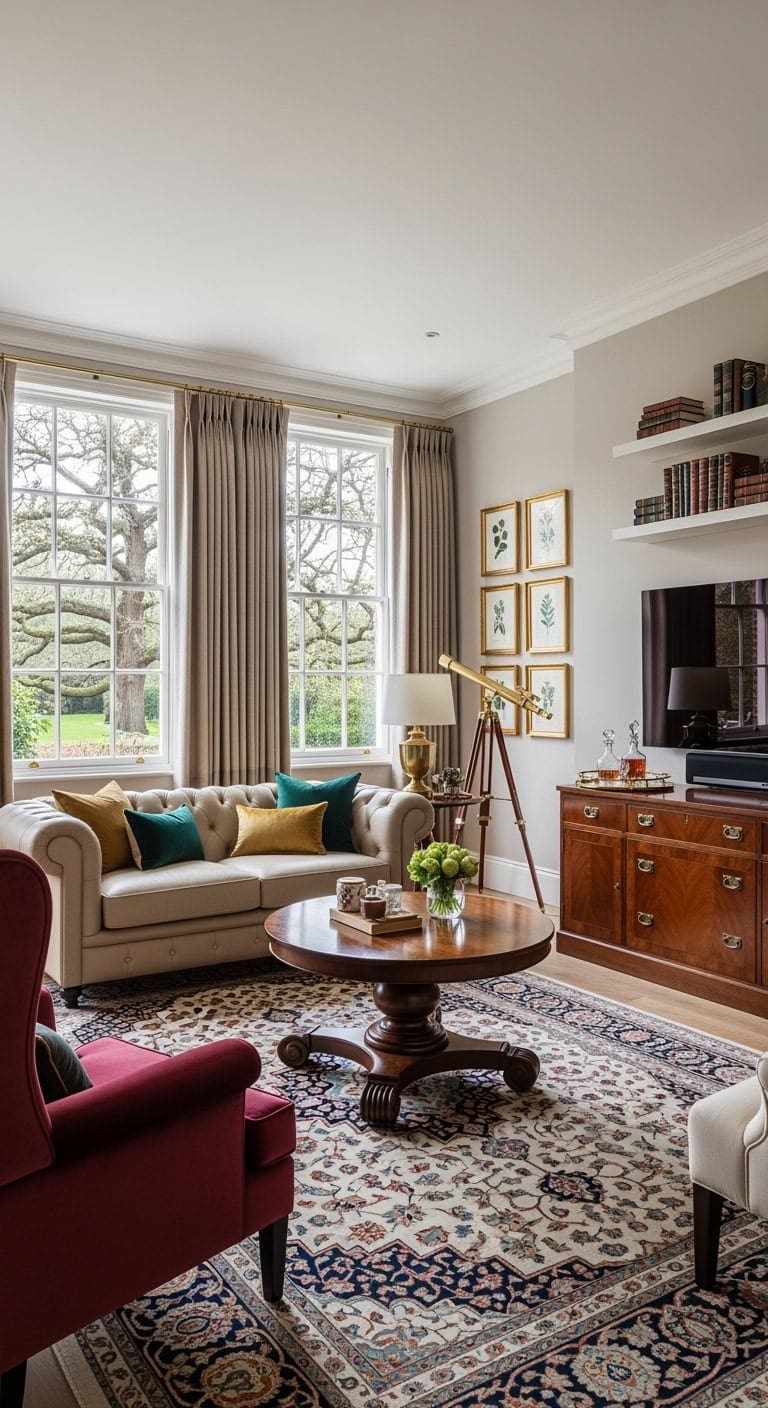 beige chesterfield dark wood refinement