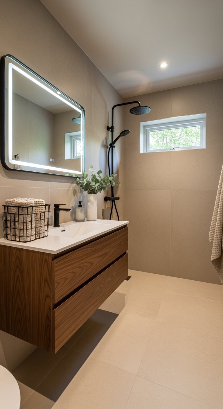 beige concrete bathroom with black