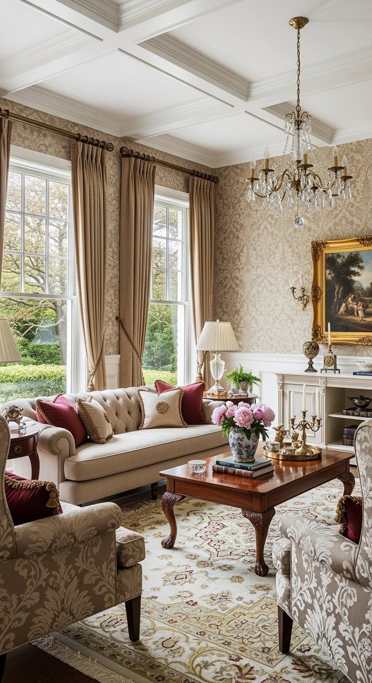 beige damask tufted seating