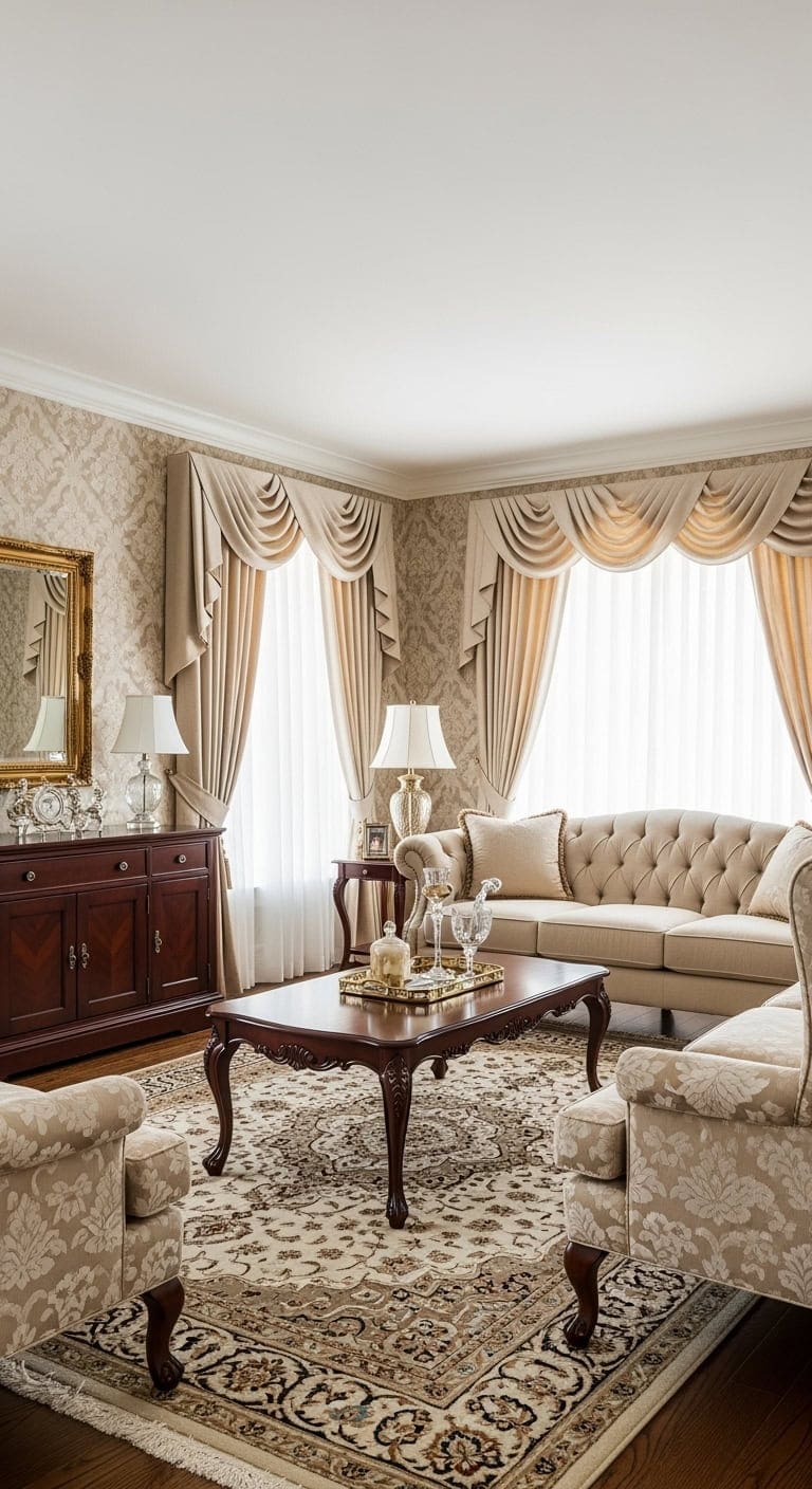beige damask with mahogany