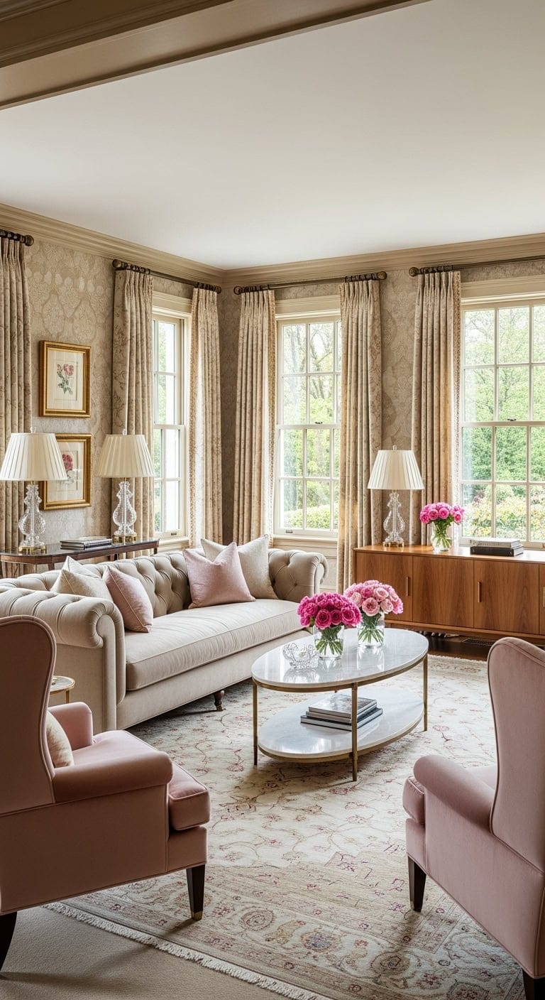 beige damask with pink florals