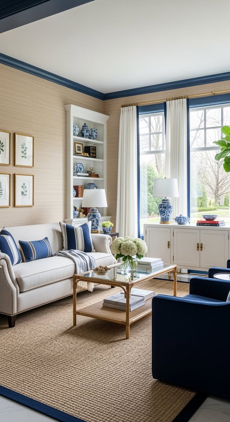 beige grasscloth with navy