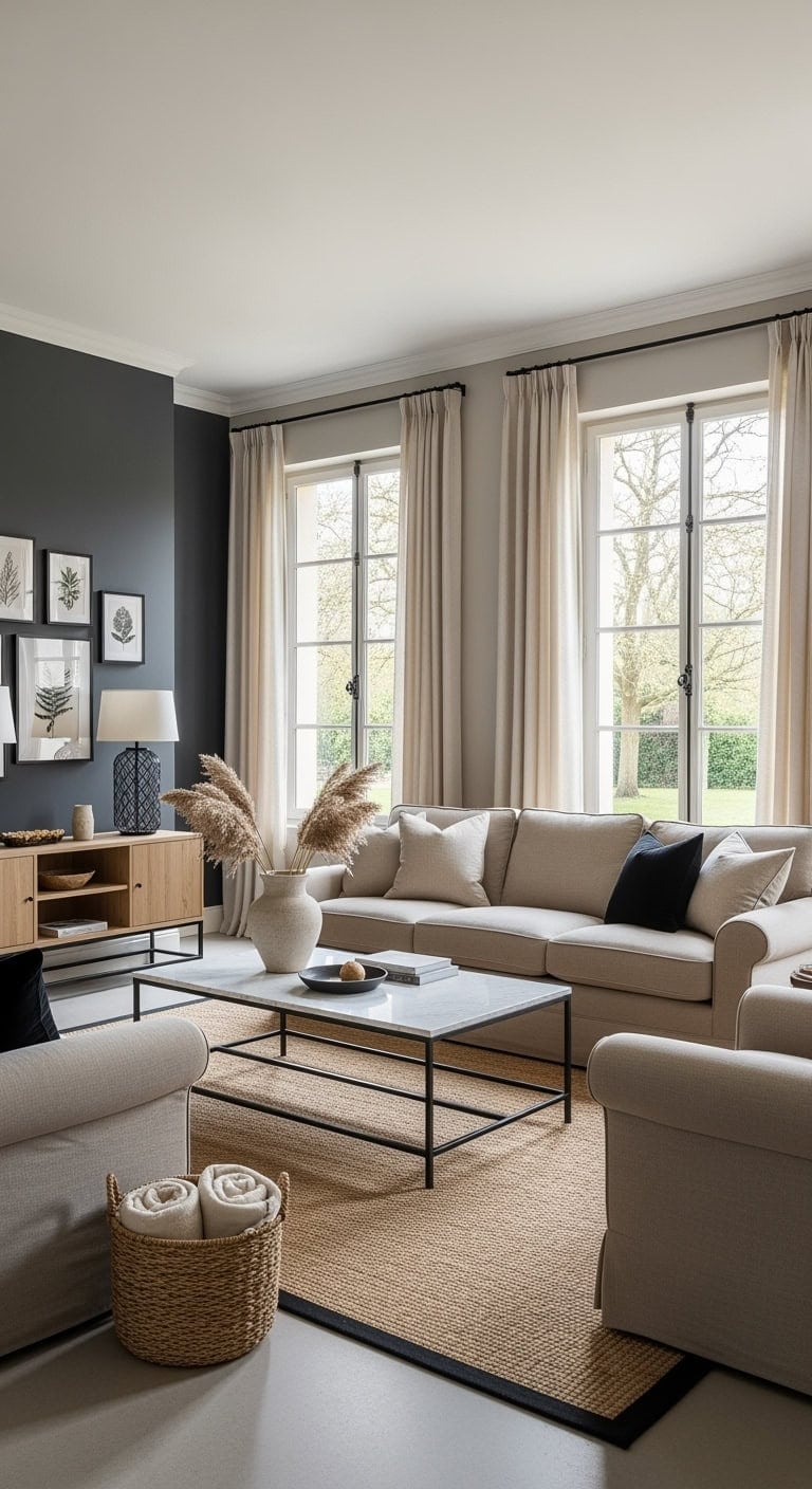 beige linen with iron accents