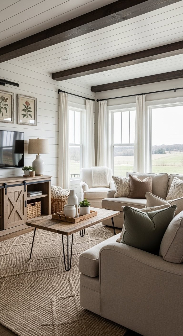 beige shiplap with beams