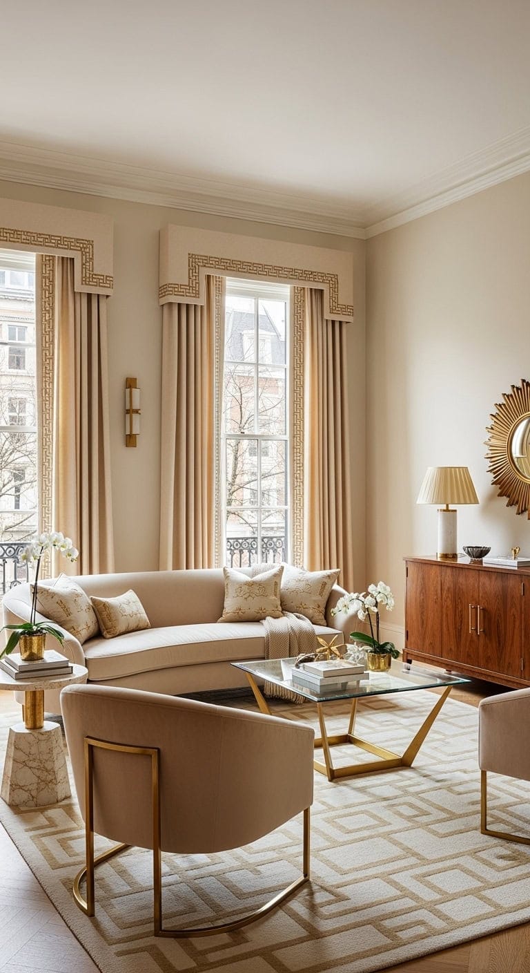 beige silk curtains goldtrim