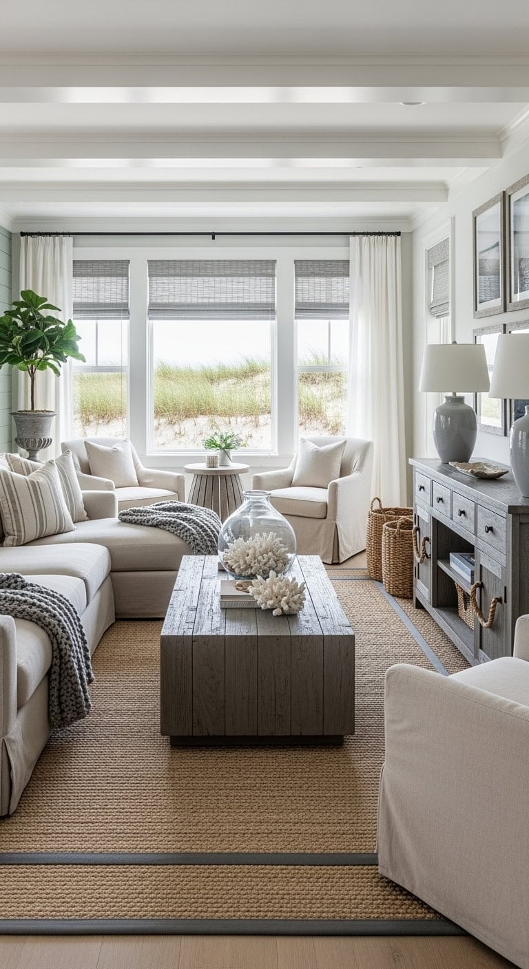 beige slipcovers weathered wood