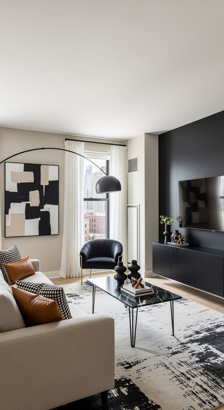 beige sofa black accents