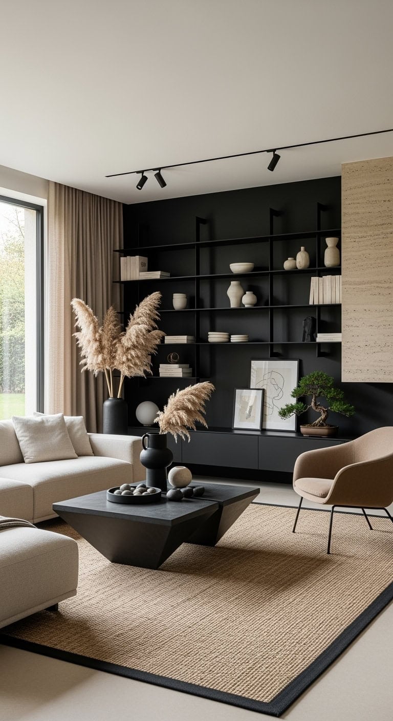 beige stone with blackminimalist shelves