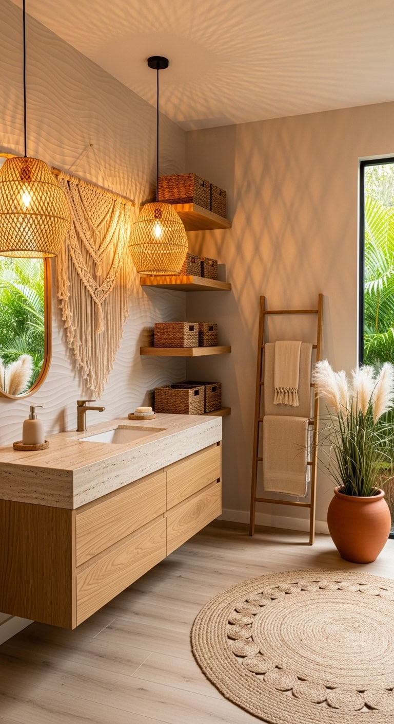 beige textured bohemian bathroom