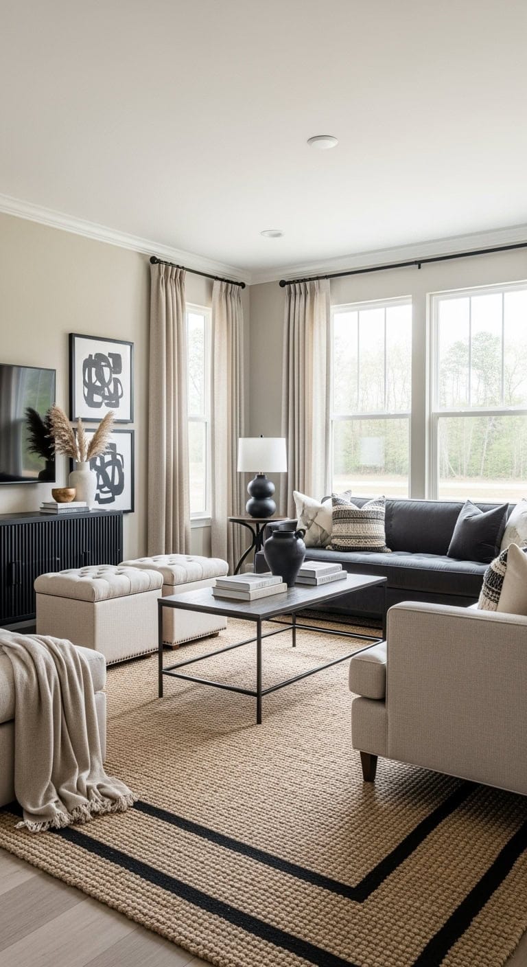 beige tufted ottomans black trim