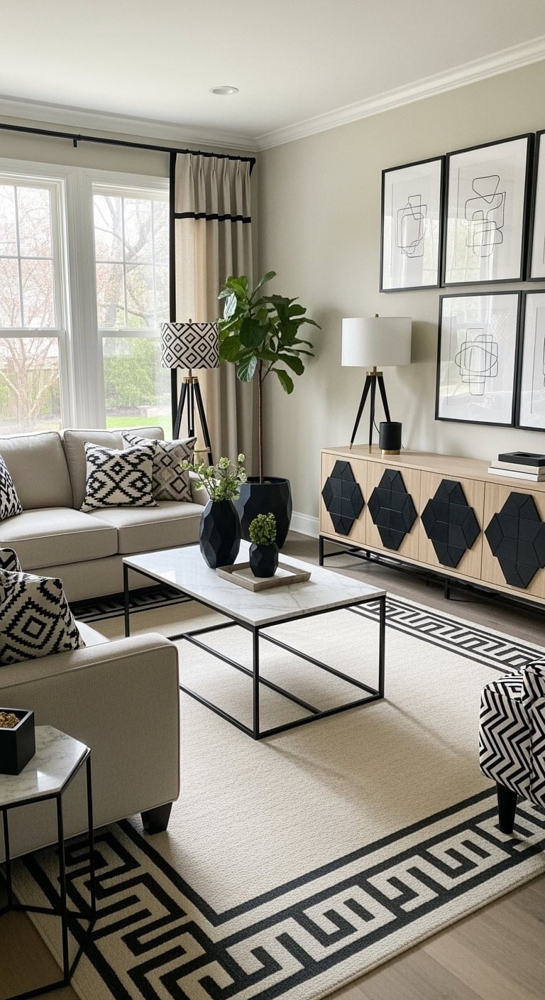 beige upholstery with black ometry