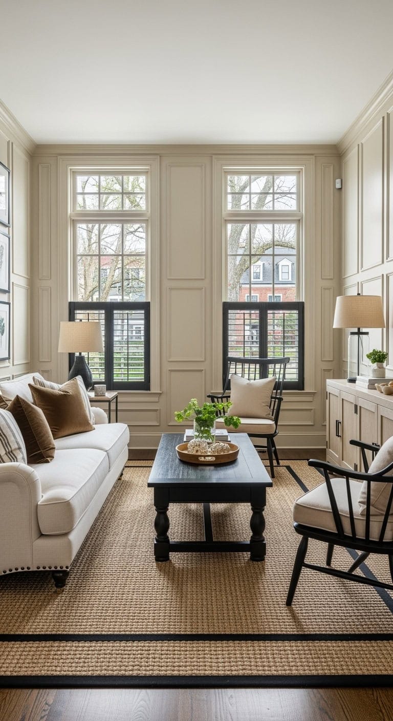 beige wainscoting black shutters
