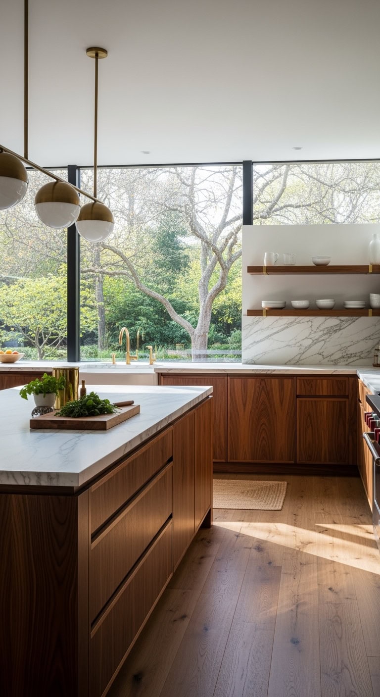 biophilic walnut and brass kitchen