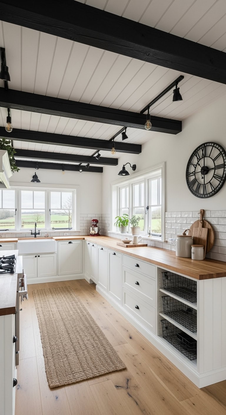 black beams on shiplap