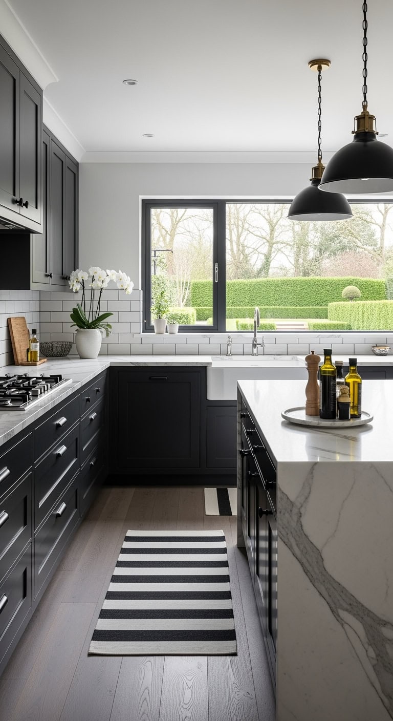 black cabinets white marble