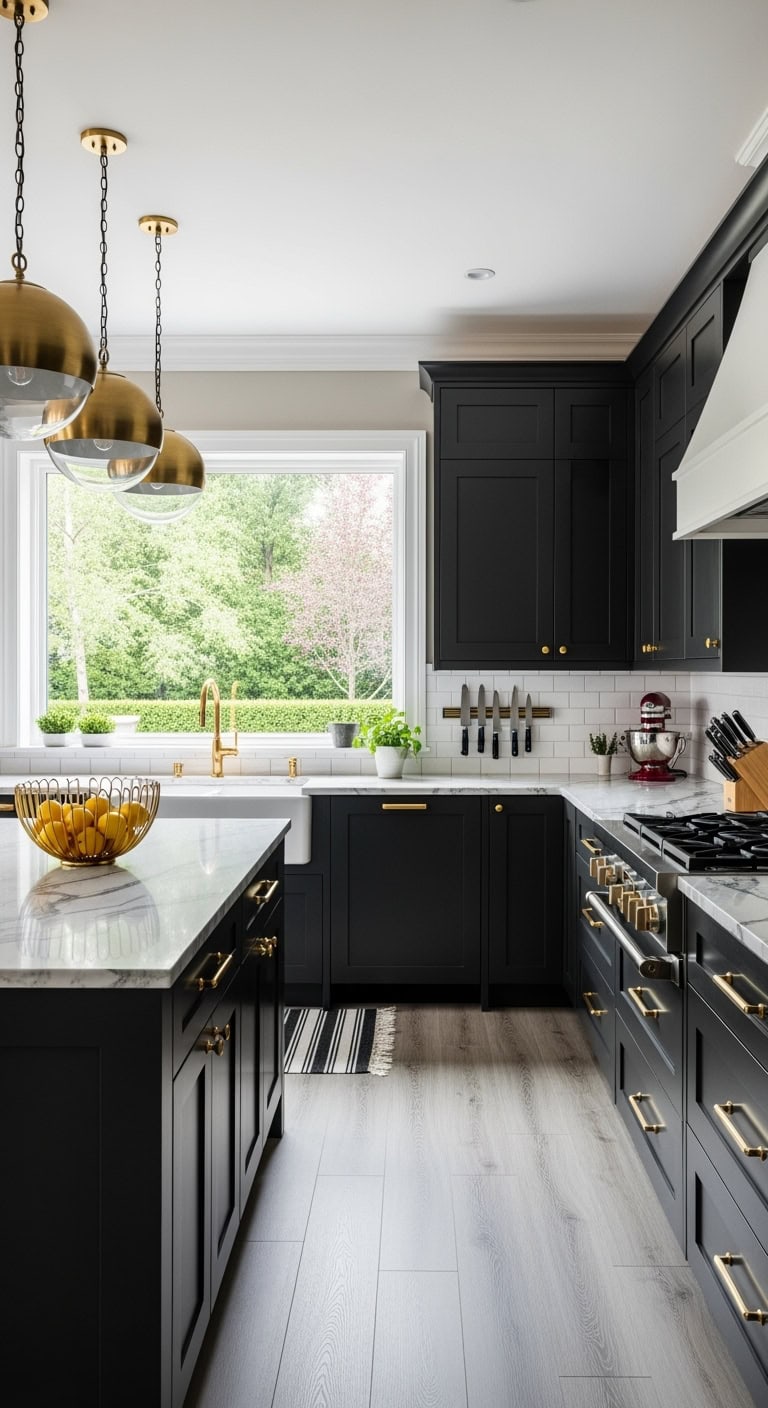 black cabinets with brass