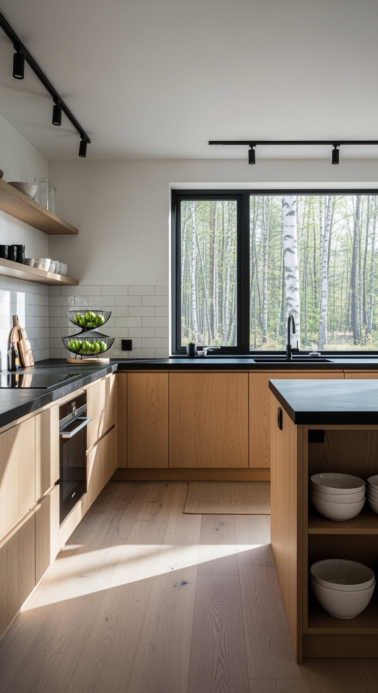 black concrete oak accents