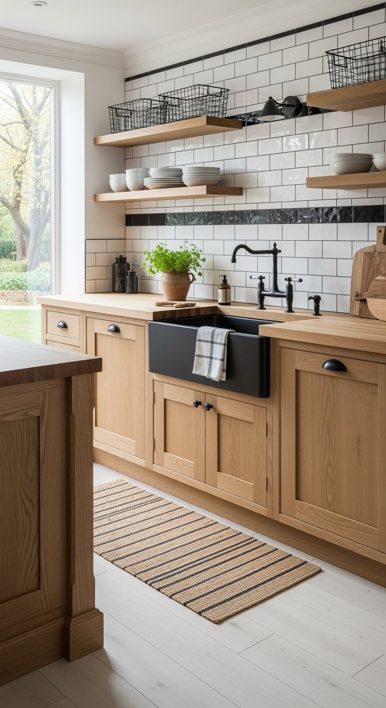 black farmhouse sink oak cabinetry