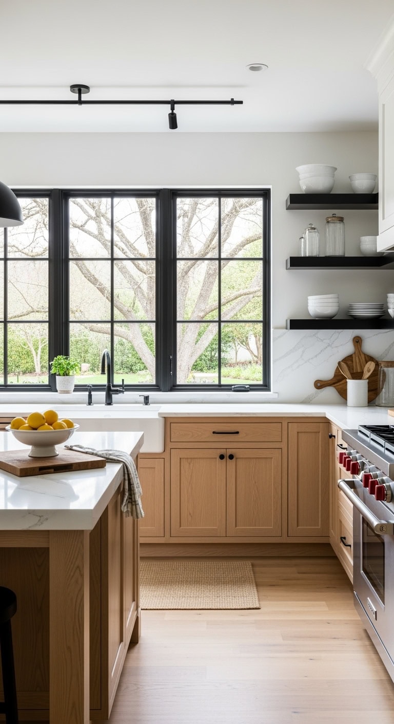 black framed white oak kitchen