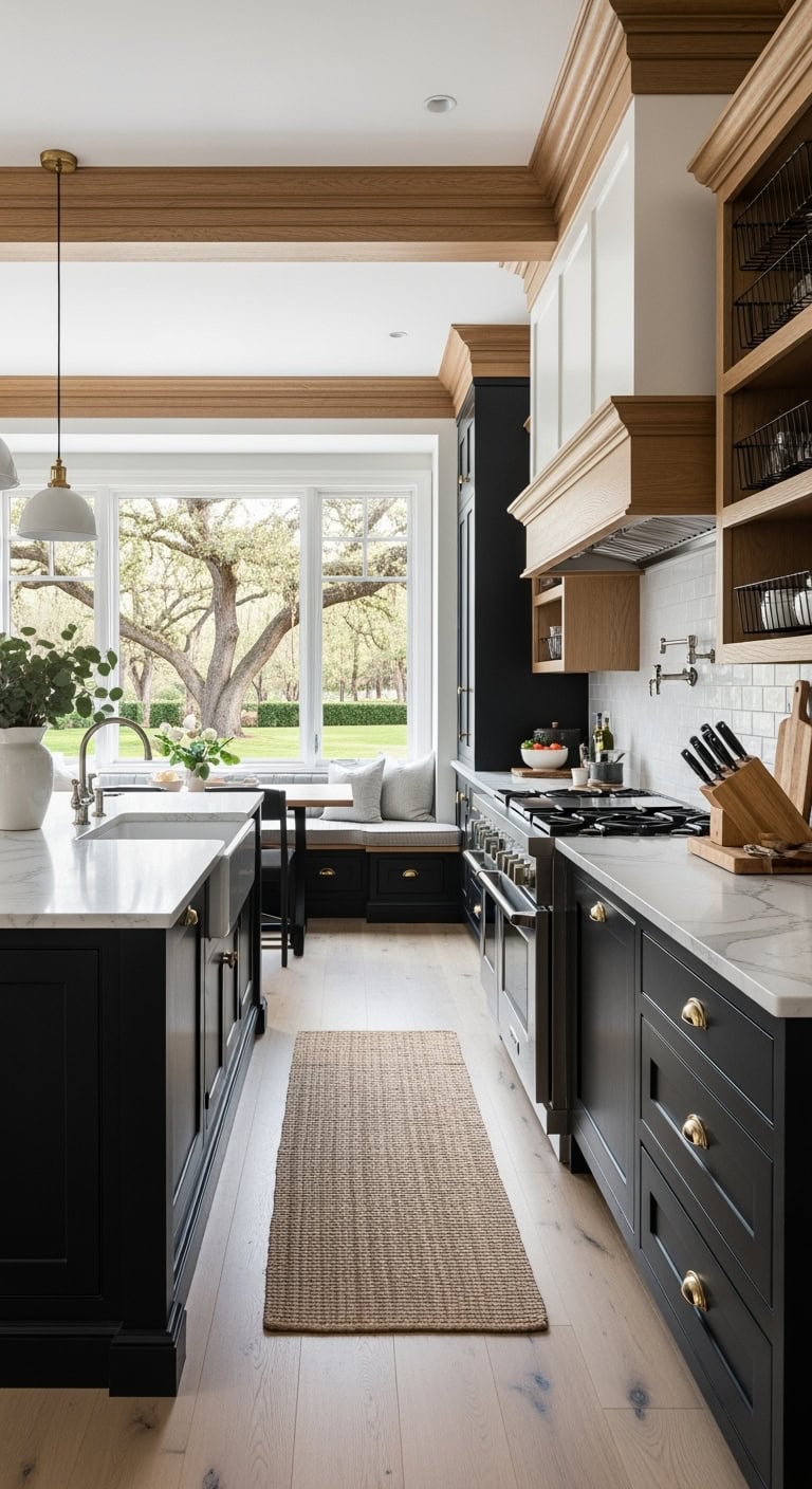 black oak trimmed kitchen cabinetry