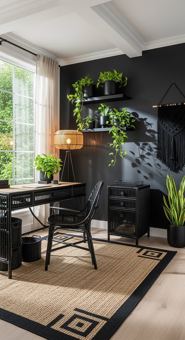 black rattan bohemian office
