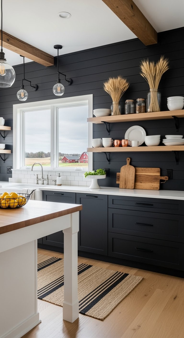 black shiplap industrial kitchen