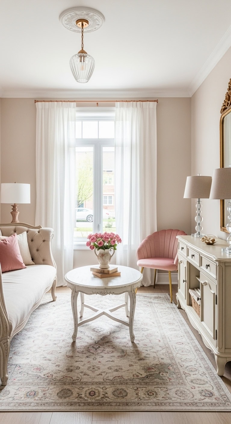 blush tufted romantic living vignette