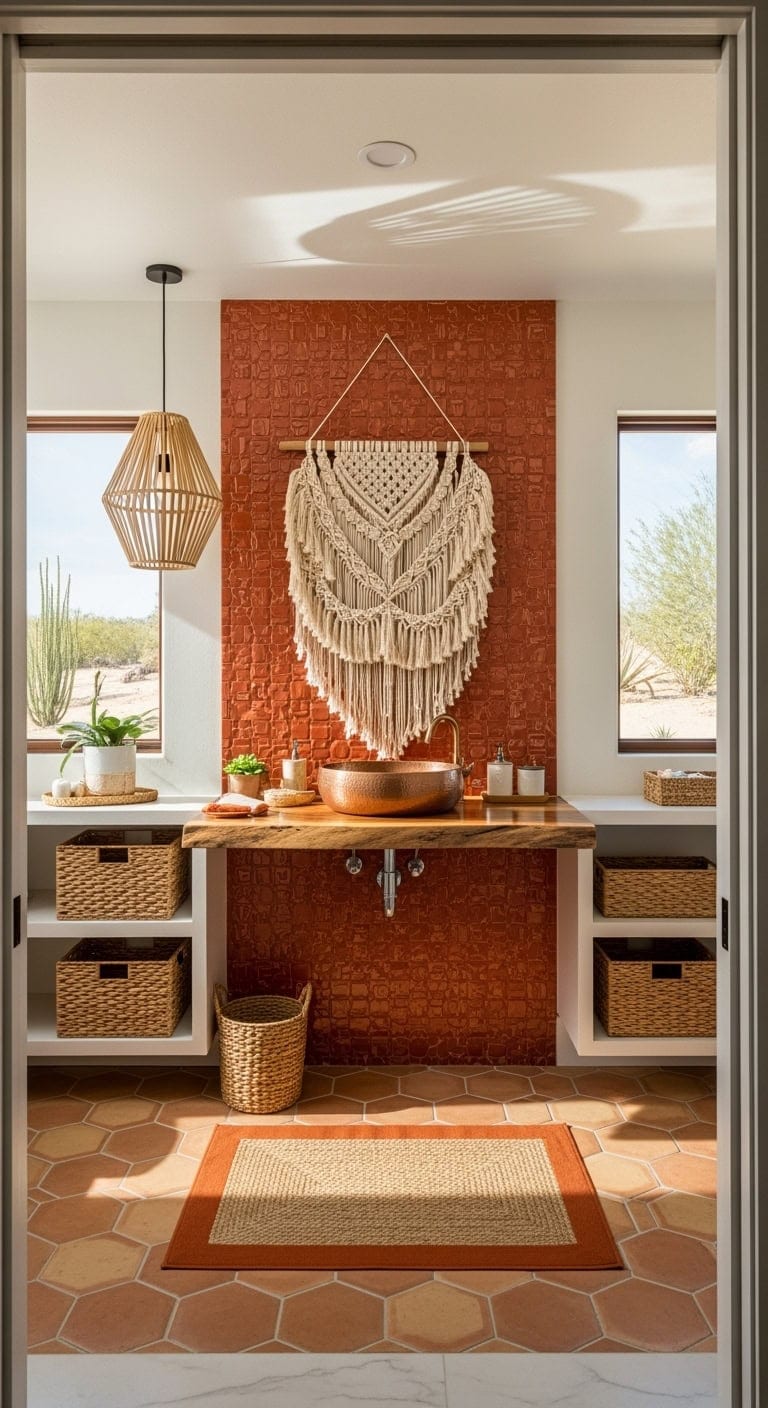 bohemian burnt orange textured bathroom