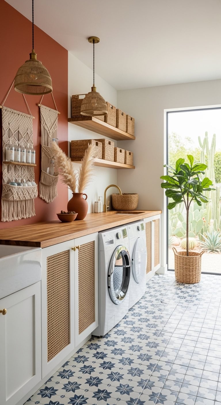 boho laundry with moroccan tiles