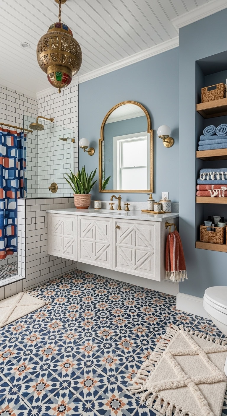 boho moroccan dusty blue bathroom
