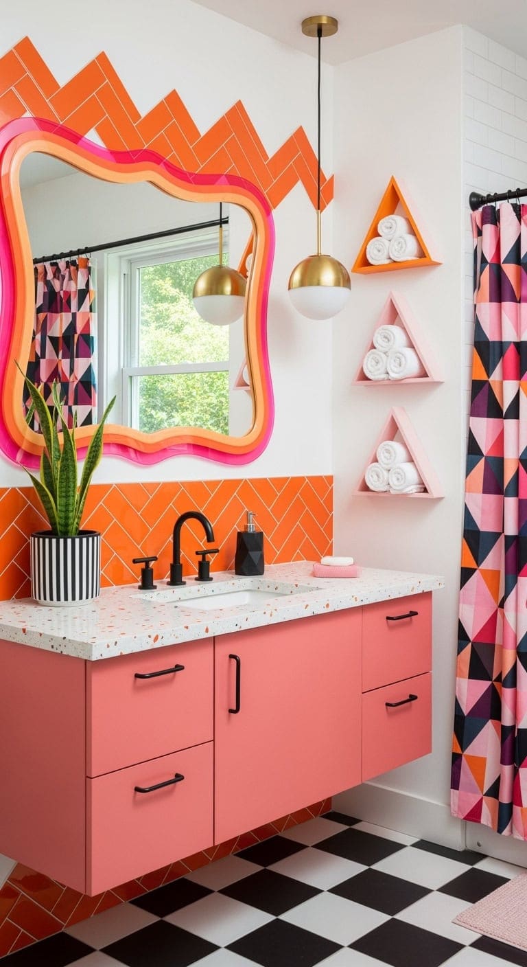 bold memphis inspired pink orange bathroom