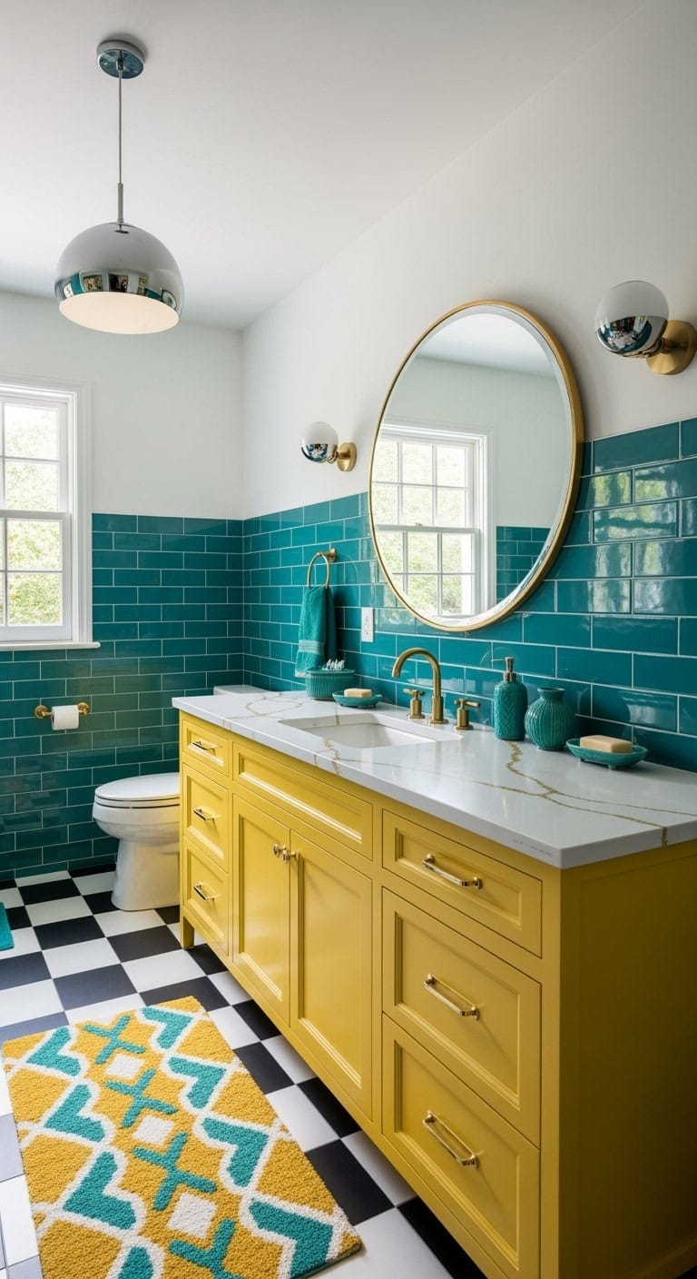 bold mustard teal bathroom