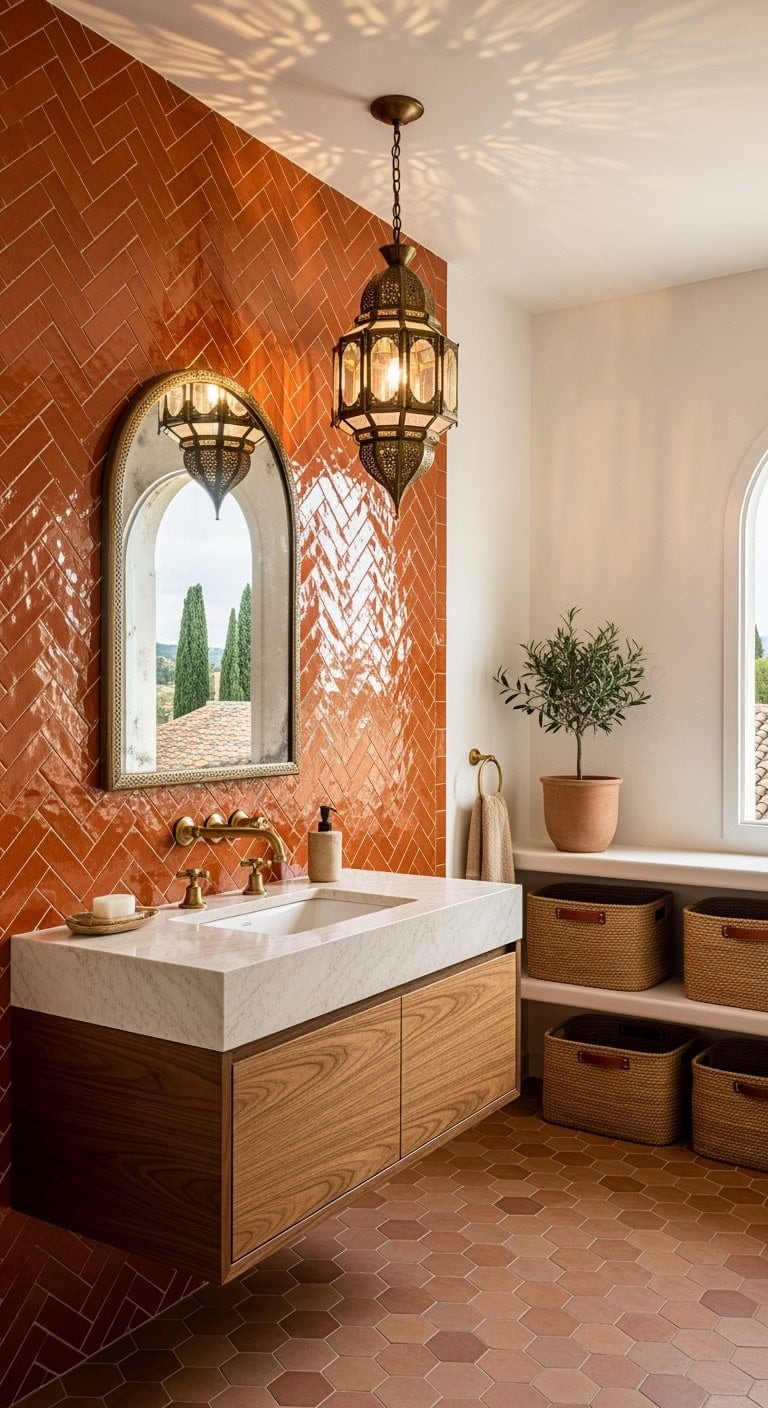 burnt orange zellige brassbathroom
