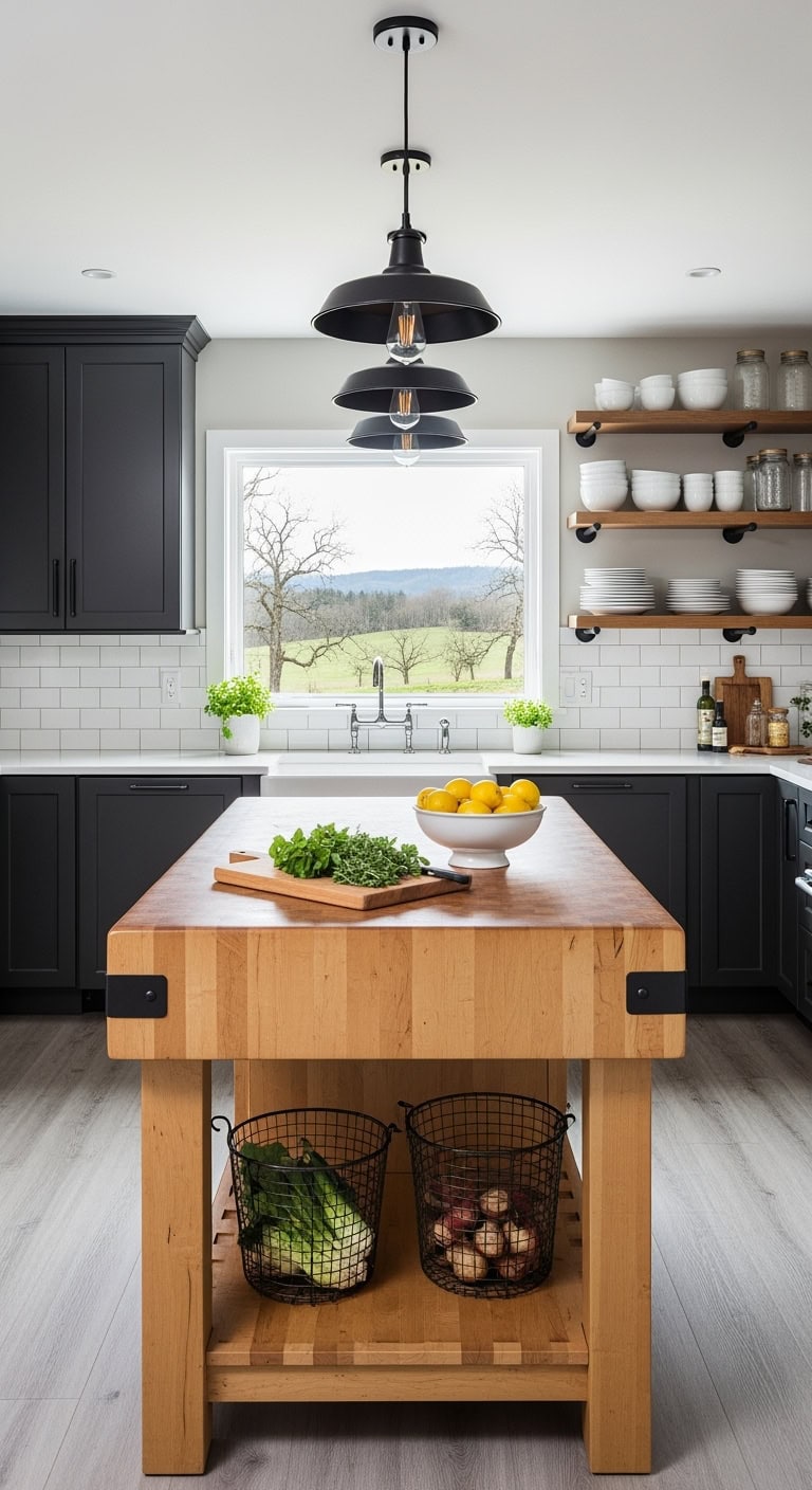 butcher block meets black cabinetry