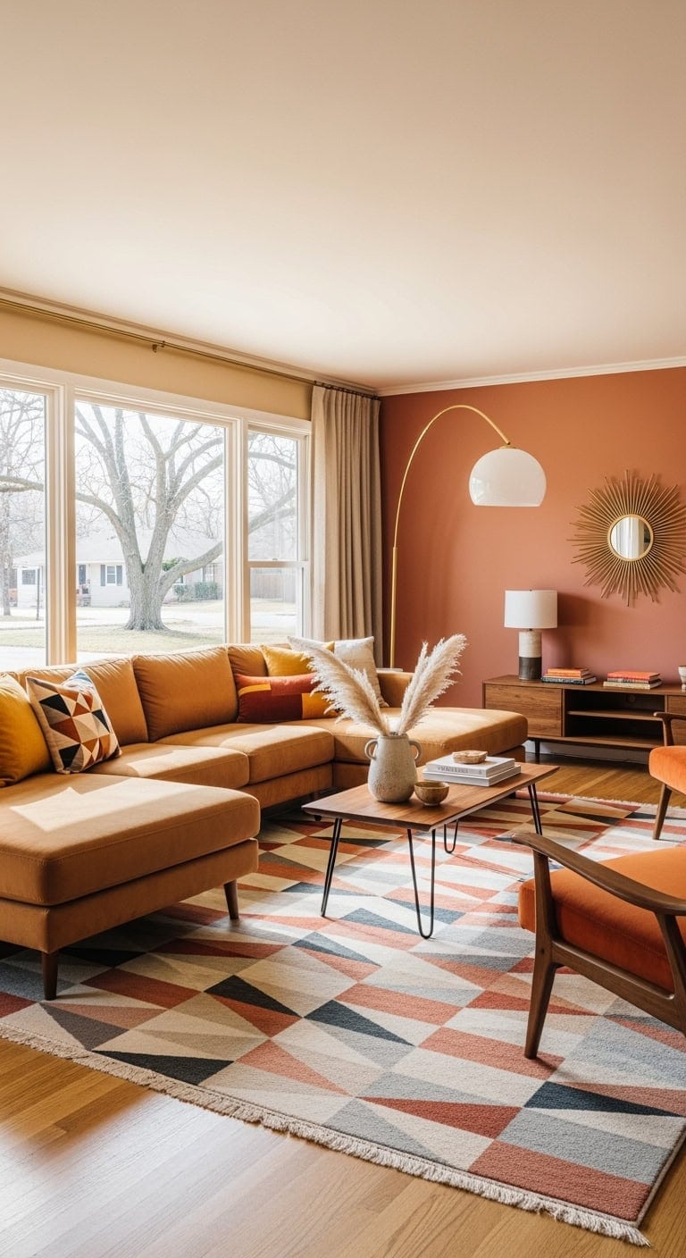 camel sectional walnut accents