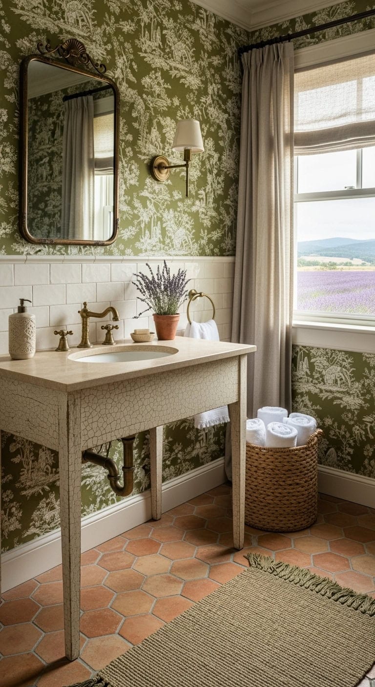 ch teau inspired olive toile powderroom