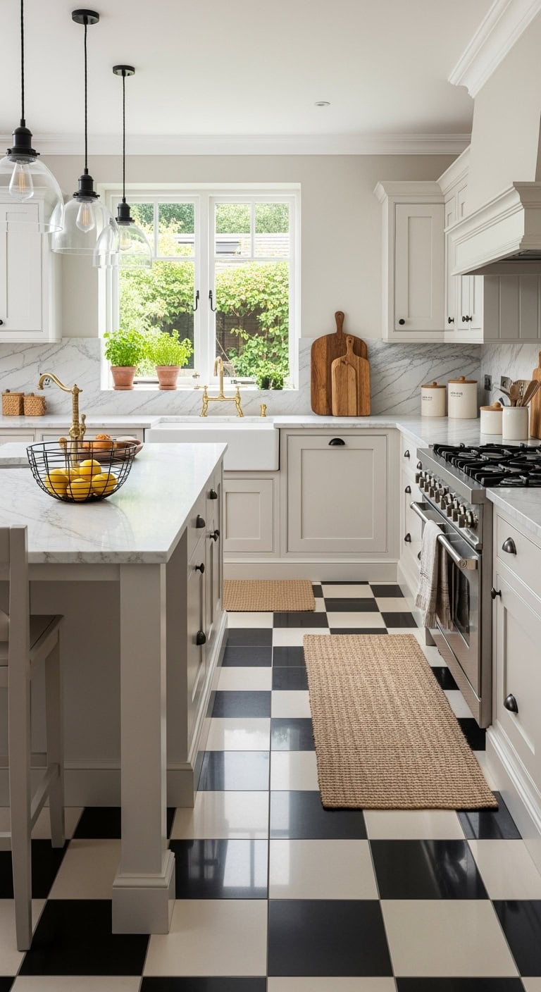 checkerboard cream cabinets kitchen